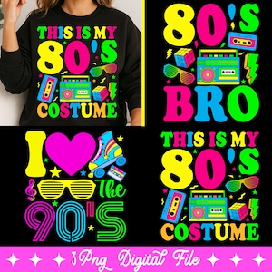 May include: A black sweatshirt with the text "THIS IS MY 80'S COSTUME" in bright colors. The design includes a boombox, cassette tape, sunglasses, and a Rubik's Cube. The image also features other 80's and 90's themed designs.