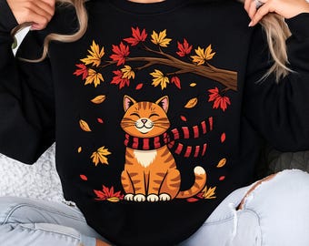 Cute Autumn Cat PNG, Fall Leaves Cat Sublimation, Cat Thanksgiving PNG, Cozy Kitty with Scarf PNG, Fall Season Digital Download