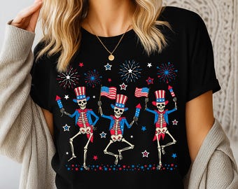 Patriotic Skeleton PNG – 4th of July T-Shirt Design – Dancing Fireworks Clipart – Independence Day