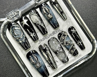 Black Ombre Coffin Press-On Nails: Handmade Reusable Gel Nail Set