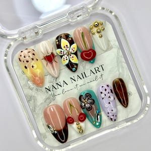 3D Flower & Fruit Press-On Nails: Handmade Carved Gel Nail Art