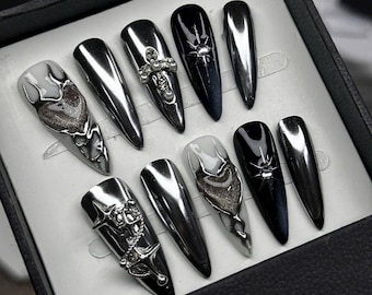 Black & Chrome Silver Press-On Nails | Edgy Glam Nail Set | Handmade Reusable Nails