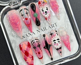 Uñas postizas 3D de payaso rosa: Arte de uñas de fantasía Y2K hecho a mano