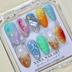 Unhas postiças estilo praia tropical de verão | Unhas 3D com estampa de estrela-do-mar e água-viva | Conjunto de unhas personalizadas feitas à mão com inspiração no oceano