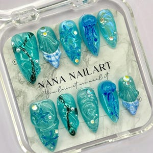 Secret Blue Ocean Aurora Press-On Nails | Jellyfish & Starfish Gel Nail Design | Handmade Ocean Fantasy Nail Set