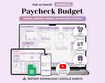 Annual Paycheck Budget Spreadsheet, Weekly Budget Template, Expense Tracker, Spending Tracker, Google Sheets Budget Planner, Digital Planner