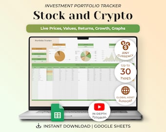 Puede incluir: Un rastreador de cartera de inversiones digital para Google Sheets mostrado en una pantalla de portátil. La interfaz presenta datos de acciones y criptomonedas, gráficos circulares y de líneas. El texto incluye Investment Portfolio Tracker, Stock and Crypto, Live Prices, Values, Returns, Growth, Graphs, Any Currency, Up to 30 Types, Global Asset Support, In-Depth Tutorial e Instant Download.