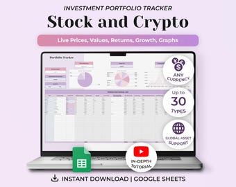 Puede incluir: Un rastreador de cartera de inversiones digital para Google Sheets mostrado en una pantalla de computadora portátil. La interfaz presenta gráficos, tablas y columnas de datos para acciones y criptomonedas. El texto incluye Investment Portfolio Tracker, Stock and Crypto, Live Prices, Values, Returns, Growth, Graphs, Any Currency, Up to 30 Types, Global Asset Support, In-Depth Tutorial e Instant Download.