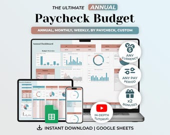 Annual Paycheck Budget Planner Google Sheets, Weekly Budget Spreadsheet, Bill Tracker, Bill Calendar, Debt Tracker, Digital Finance Planner