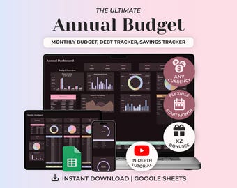 Annual Budget Spreadsheet, Google Sheets Budget Template, Monthly Budget Planner, Debt Payoff Tracker, Savings Tracker, Digital Planner