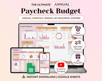 Annual Paycheck Budget Spreadsheet Google Sheets, Budget Planner, Monthly Budget, Expense Tracker, Debt Payoff Tracker, Bill Calendar