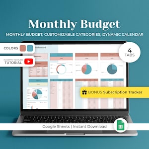 Budget Monthly Google Sheets Template, Monthly Template Spreadsheet, Digital Expense Tracker, Spending Tracker, Financial Planner Template