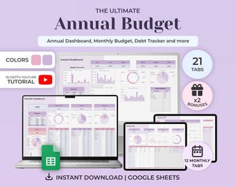 Annual Budget Planner, Google Sheets Budget Spreadsheet, Monthly Budget, Income and Expense Tracker, Debt Spreadsheet, Financial Planner