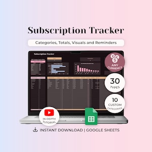 Może przedstawiać: Laptop wyświetlający arkusz kalkulacyjny "Subscription Tracker" z wykresami i danymi. Obraz zawiera tekst "Categories, Totals, Visuals and Reminders", "Any Currency", "30 Types" i "10 Custom Categories". Reklamowany jest również samouczek YouTube i pobieranie Arkuszy Google.