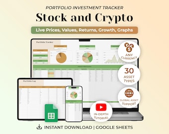 Crypto and Stock Investment Tracker, Portfolio Tracker Spreadsheet, Google Sheets Template, Finance Tracker
