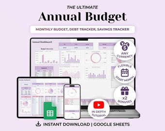 Annual Budget Planner, Google Sheets Budget Spreadsheet, Monthly Budget, Income and Expense Tracker, Debt Spreadsheet, Financial Planner