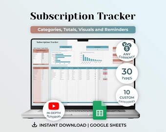 Subscription Tracker, Subscription Template, Google Sheets Spreadsheet, Digital Tracker, Recurring Expenses