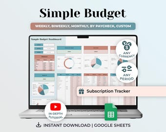 Simple Paycheck Budget Spreadsheet, Biweekly Budget Planner, Google Sheets Budget Template, Monthly Bill Tracker, Subscription Tracker