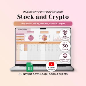 May include: A laptop screen displaying an investment portfolio tracker for stocks and crypto with live prices, values, returns, growth, and graphs. The interface includes pie charts, data tables, and circular icons for currency, asset types, and global support.