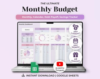 Ultimate Monthly Budget Spreadsheet Planner, Google Sheets Budget, Income and Expense Tracker, Bill Tracker, Debt Tracker, Personal Finance