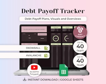 Modello di foglio di calcolo Google Sheets per il monitoraggio dei debiti, strumento per il monitoraggio del rimborso dei debiti, metodo a valanga per il calcolo dei debiti, calcolatore dei debiti, modello per la pianificazione finanziaria