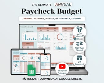 Annual Paycheck Budget Planner Google Sheets, Weekly Budget Spreadsheet, Bill Tracker, Bill Calendar, Debt Tracker, Digital Finance Planner