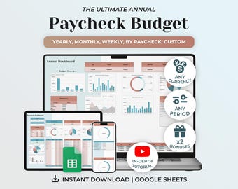 Annual Paycheck Budget Planner Google Sheets, Weekly Budget Spreadsheet, Bill Tracker, Bill Calendar, Debt Tracker, Digital Finance Planner