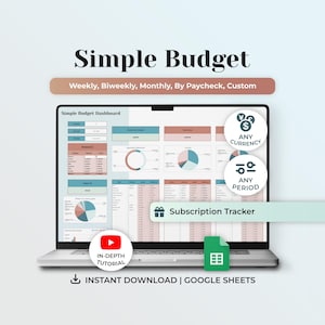 Feuille de calcul budgétaire simplifiée pour la paie, planificateur budgétaire bihebdomadaire, modèle de budget Google Sheets, suivi des factures mensuelles, suivi des abonnements