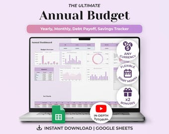 Annual Budget Planner, Google Sheets Budget Spreadsheet, Monthly Budget, Income and Expense Tracker, Debt Spreadsheet, Financial Planner