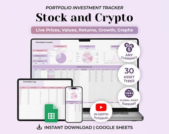 Stock Portfolio Tracker, Crypto Tracker, Investment Tracker Template, Google Sheets Spreadsheet, Finance Template, Financial Planner