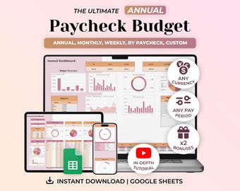 Annual Paycheck Budget Spreadsheet Google Sheets, Budget Planner, Monthly Budget, Expense Tracker, Debt Payoff Tracker, Bill Calendar