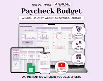 Annual Paycheck Budget Spreadsheet, Weekly Budget Template, Expense Tracker, Spending Tracker, Google Sheets Budget Planner, Digital Planner