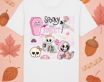słodka koszulka halloweenowa pastelowa koszulka straszna, ale słodka dziewczęca koszulka gotycka jesienna różowa szkieletowa halloweenowa estetyczna zabawna przerażająca słodka koszulka prezent