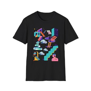 surreal vaporwave shirt trippy stairs graphic tee retro aesthetic colorful dreamworld t shirt fantasy cloud design