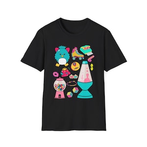 May include: Black t-shirt featuring a colorful graphic of retro-themed objects. The design includes a lava lamp, roller skates, a gumball machine, and other 80s and 90s inspired illustrations. The shirt is made of a soft, comfortable material.