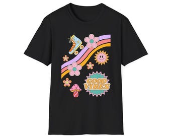 retro good vibes shirt 70s tee roller skate t shirt flower power tee colorful groovy t shirt funky mushroom shirt smiley face graphic tee