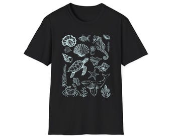 Ozean Leben Shirt Meeresbiologie Shirt Meeresgeschöpf Shirt Küstenleben im Meer Grafik-T-Shirt Strand Natur Shirt Schildkröte Wal Seepferdchen T-Shirt