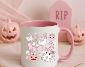 spooky ghost mug pastel cute halloween coffee cup kawaii witch ghost pink pumpkin mug pink bat mug cozy cottagecore fall aesthetic cozy gift