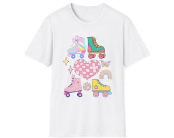 Retro Rollschuh T-Shirt bunt Skater-T-Shirt 70er 80er Jahre Vintage Skater-Shirt Roller Disco Grafik-T-Shirt Pastellästhetik Geschenk für Skater