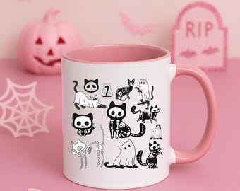 skeleton cat halloween mug cute ghost cat pink mug spooky black cat coffee cup kawaii halloween gift for cat lovers and fall decor