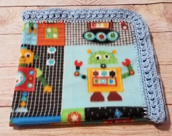 fleece baby blanket, baby blanket, newborn baby blanket, robots, baby boy blanket, crochet edging on fleece