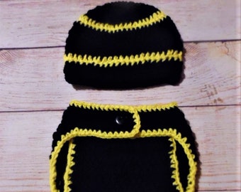crochet baby diaper set, diaper cover with hat, steelers inspired
