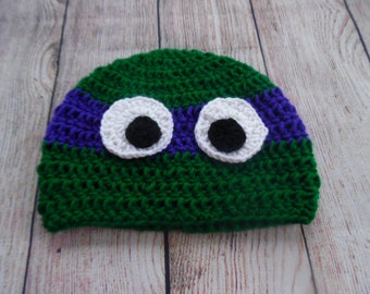 crochet ninja turtle hat, child hat, winter hat, purple mask, donatello, hallooween, back to school