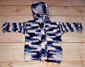 crochet baby sweater, purple baby sweater, baby girl, sweater with hood