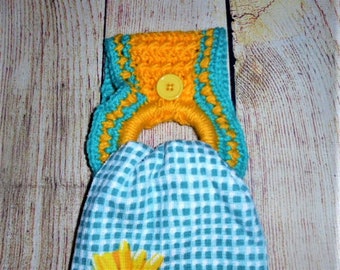 crochet porte serviette avec serviette, porte serviette suspendu, serviette tournesol, déco été