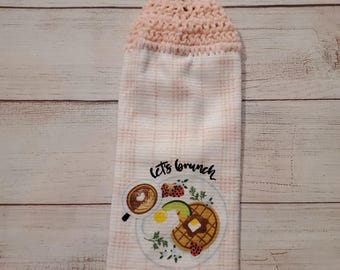 crochet towel, crocheted towel, hanging kitchen towel, double layer, flowers, kitchen decor