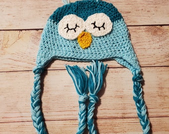 crochet owl hat, child winter hat, christmas hat