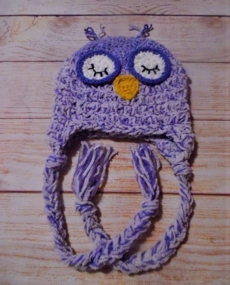 crochet owl hat, child winter hat, christmas hat, purple owl hat, fuzzy hat