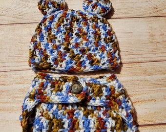 crochet diaper cover with hat, bear hat, baby diaper set, newborn, photo prop, baby boy, free shipping