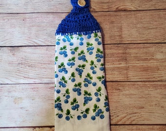 crochet towel, crocheted towel, hanging kitchen towel, double layer, kitchen decor, summer, blueberries